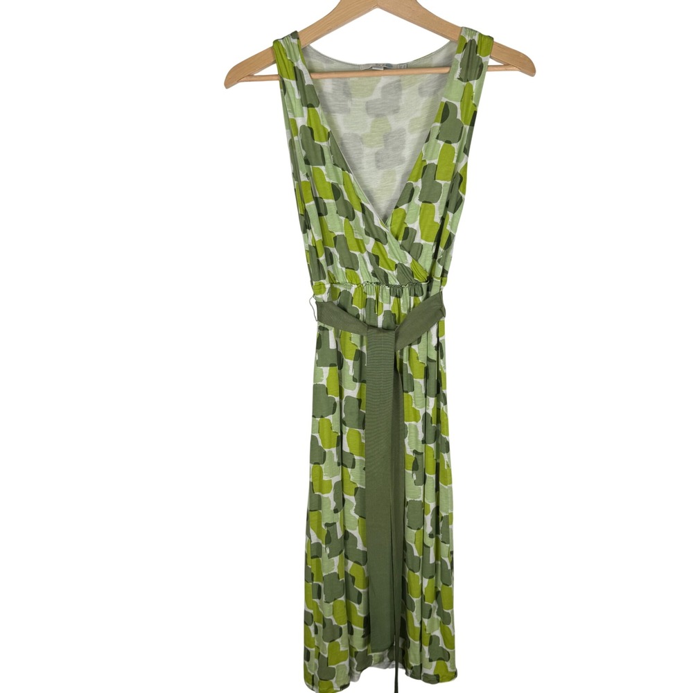 Boden Abstract Print Wrap Front Midi Dress Womens 6L Sleeveless Green White READ